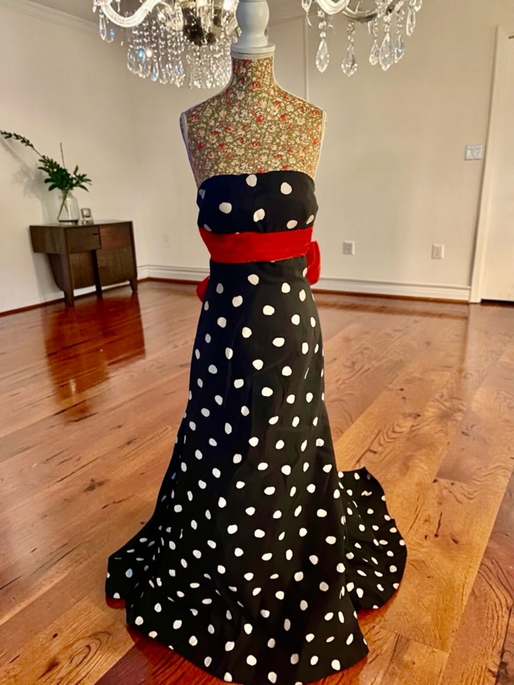 Jovani black and White Polka Dot Strapless Gown with Red Sash